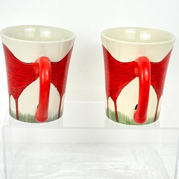 Set 2 Pier 1 Sculpted Fanni Flamingo 3D Red White Coffee Mug Tall 16 oz Hand Pai - Picture 5 of 12